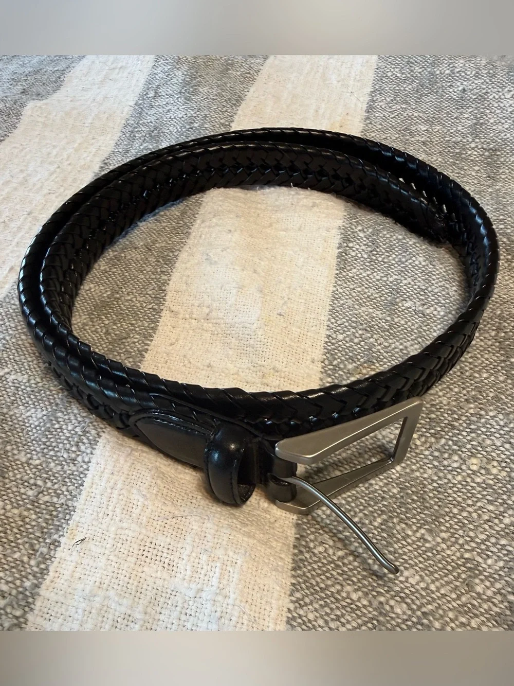 Mens SZ 38 Black Braided Leather Belt with Silver Buckle